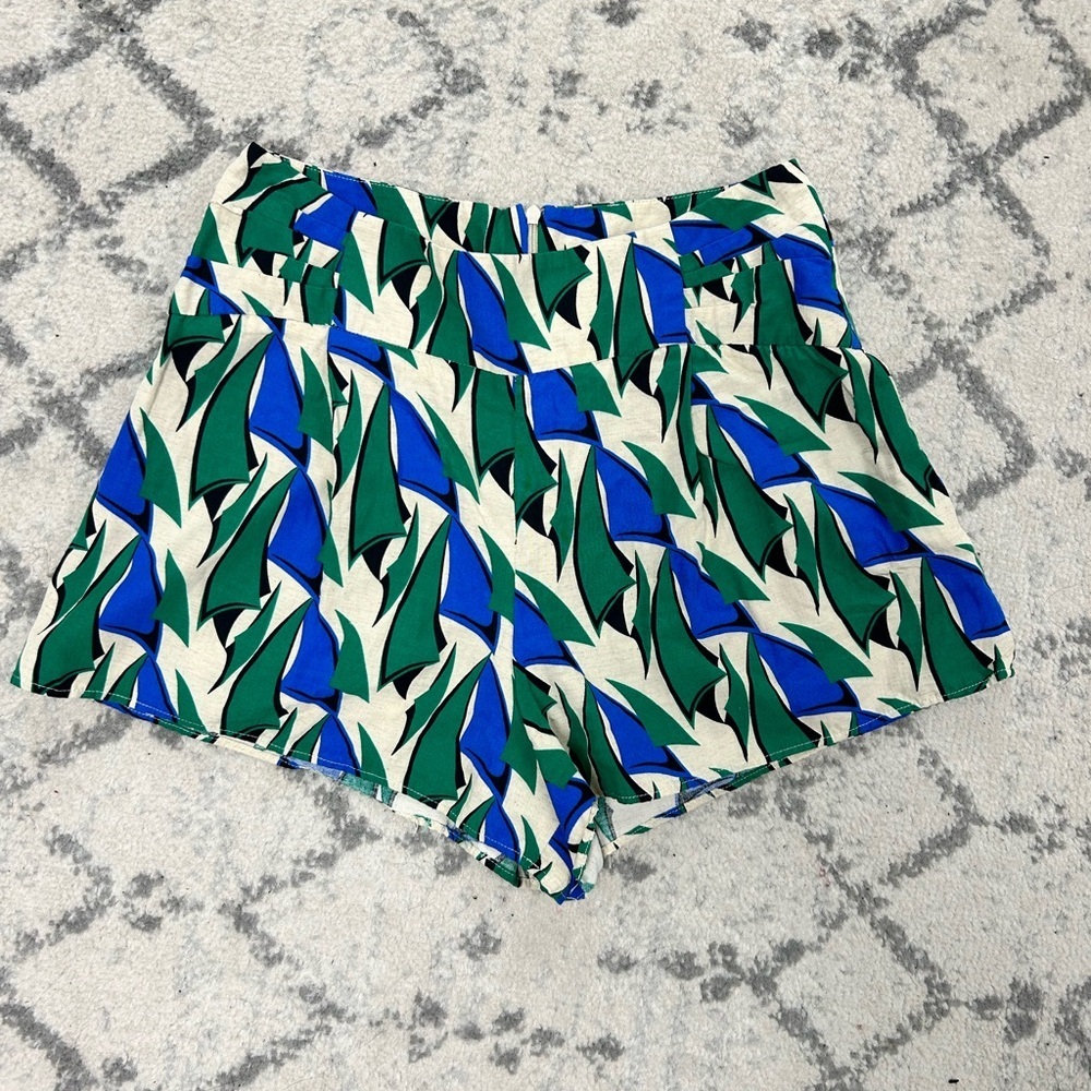 Nwot Zara Blue And Green Geometric Linen Shorts Women’s Size Medium M